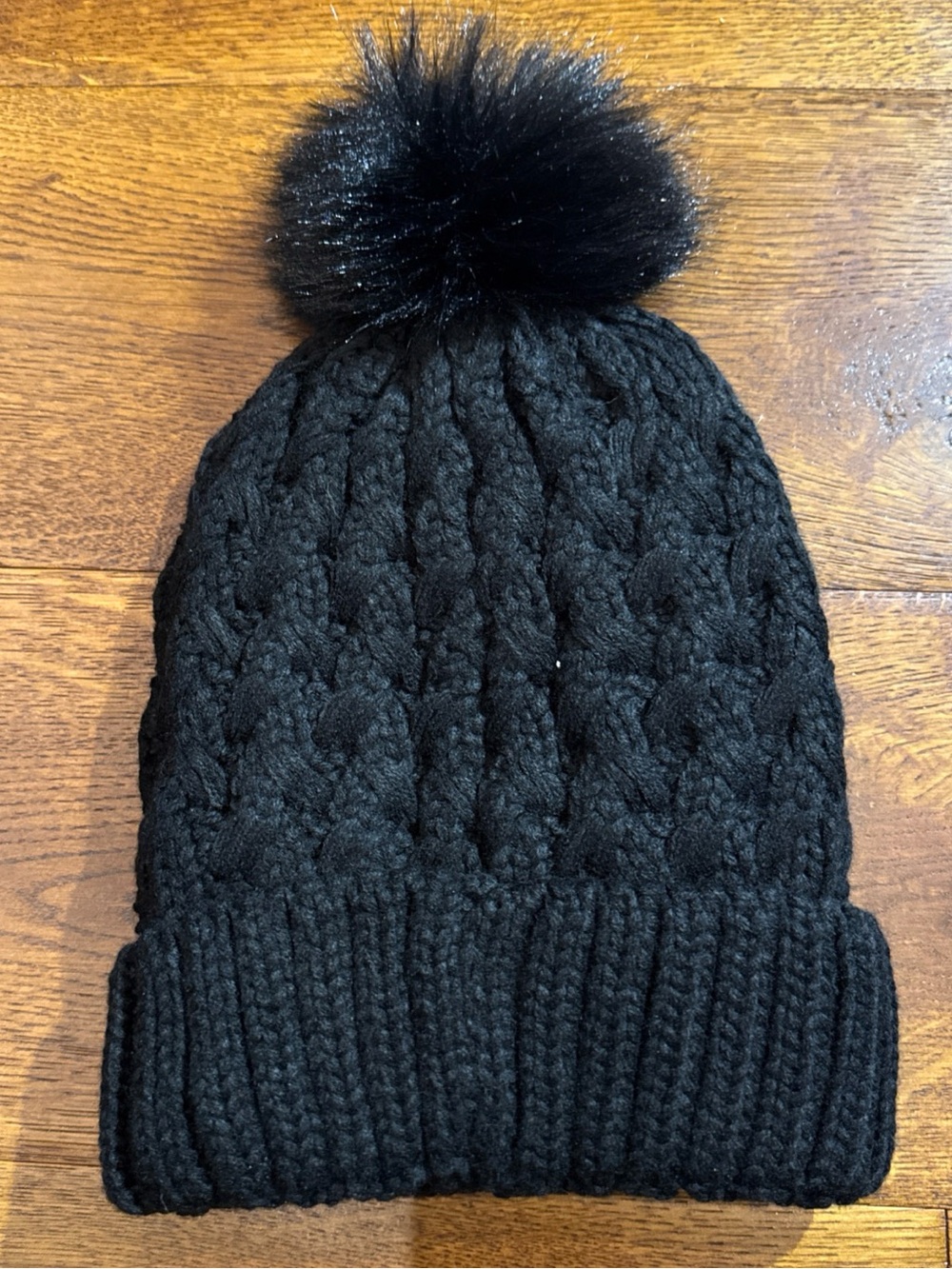Women's Black Cable Knit Pom Beanie - Picture 4 of 5
